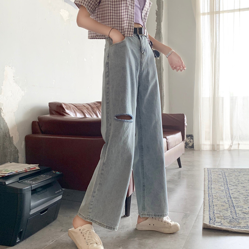 Elegant denim wide leg pants women's high waist Korean version casual loose and thin retro dad straight tube hanging feeling floor dragging pants
