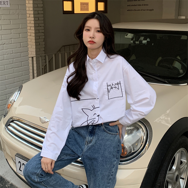 Real price spring and autumn college polo shirt loose cat Lapel white shirt women's long sleeve bottomed top