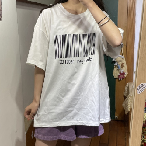 Two color Korean barcode T-shirt short sleeve loose and versatile basic summer women
