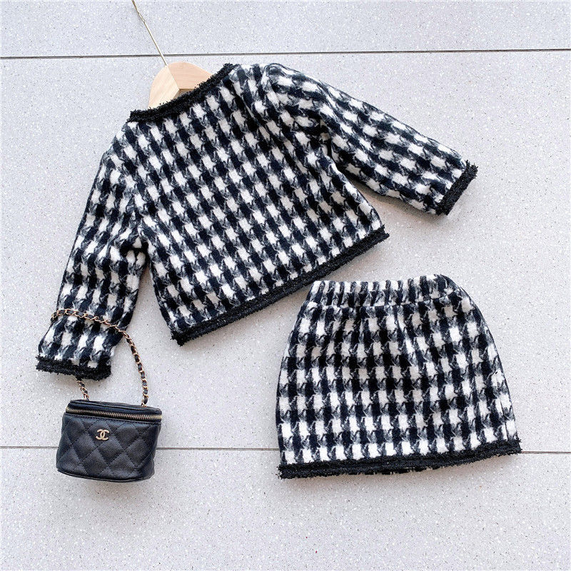 2022 children's clothing spring and autumn girls' small fragrance grid coat + skirt two-piece children's clothing