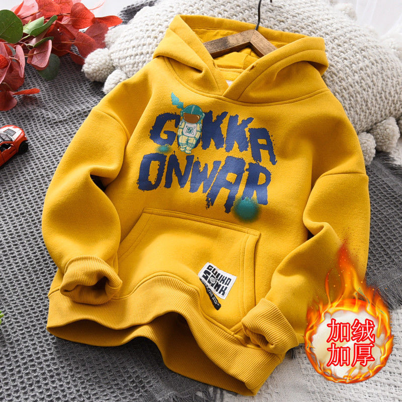 Boys' Plush thickened sweater 2021 autumn and winter clothes new children's Korean version middle and large children's hooded sports warm top