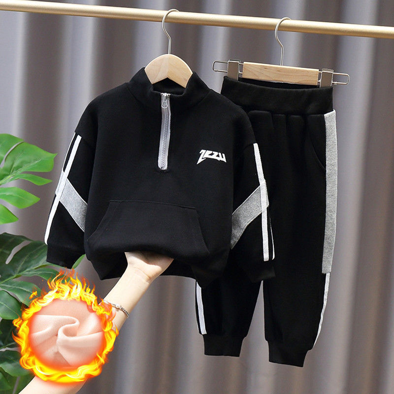 Boys' autumn and winter Plush set 2021 new boys' Sports children's spring and autumn Korean sweater thickened two-piece set