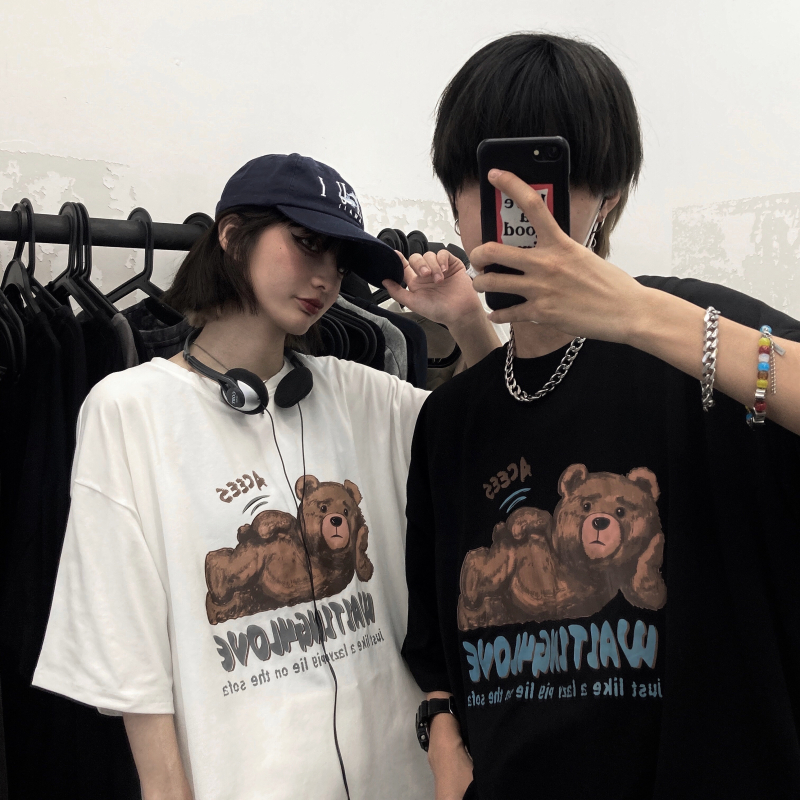 Dark wind ins lazy bear print short sleeve T-shirt Japanese street trend couple oversize loose top women