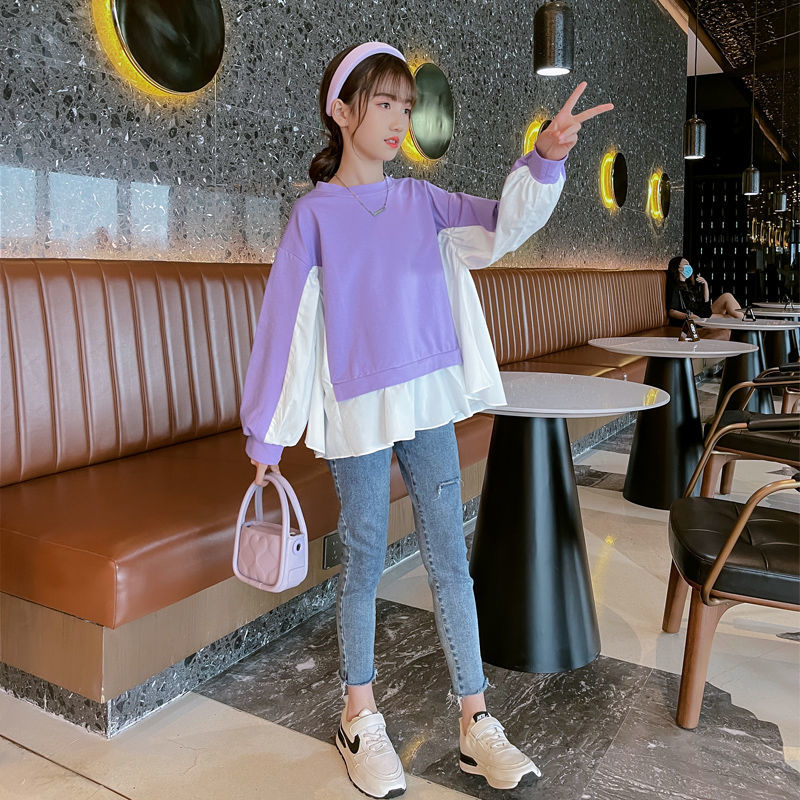 9 girls 8 round neck loose sweater 2022 autumn new net red middle school children's fake two long sleeved Korean top 15