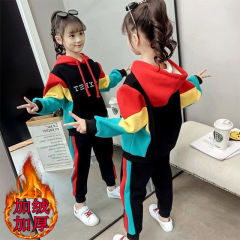 Girls' set children's Plush thickened middle and large children's two-piece Set Girls' autumn and winter children's sports season sweater set