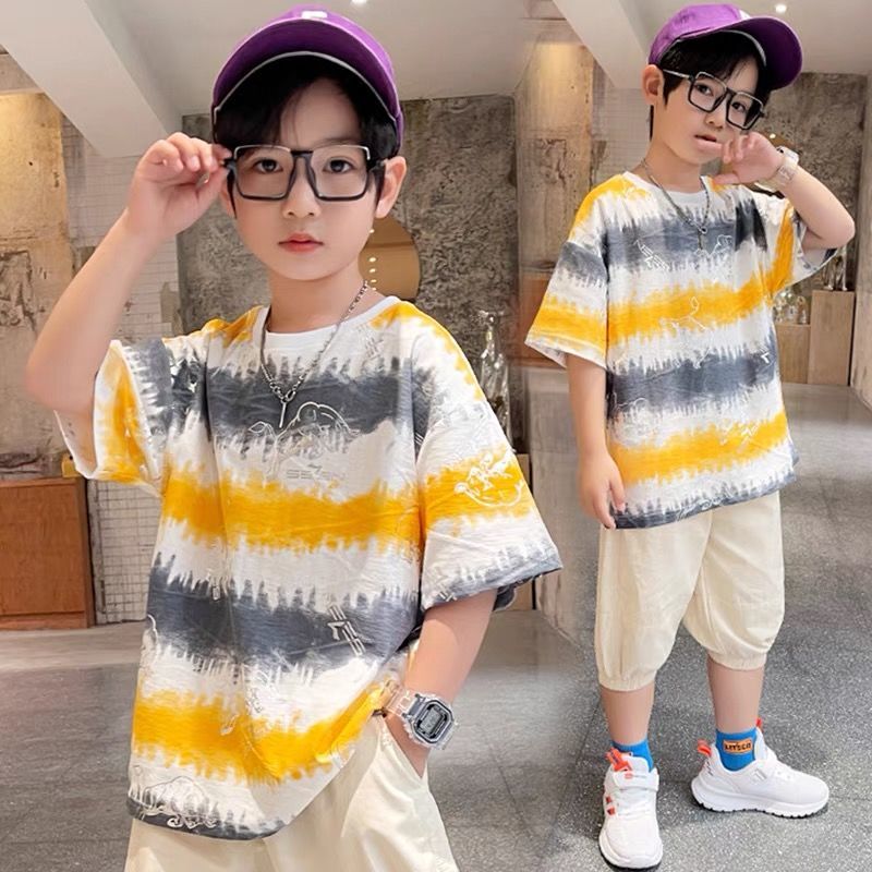 Boys' fashion brand new handsome tie dyeing high-grade middle and large children's T-shirt loose summer clothes fat boys' short sleeved top