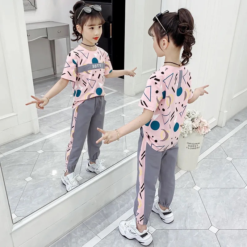 Girls' suit new fashion summer dress foreign style children's middle and large children's two-piece Suit Girls' wear