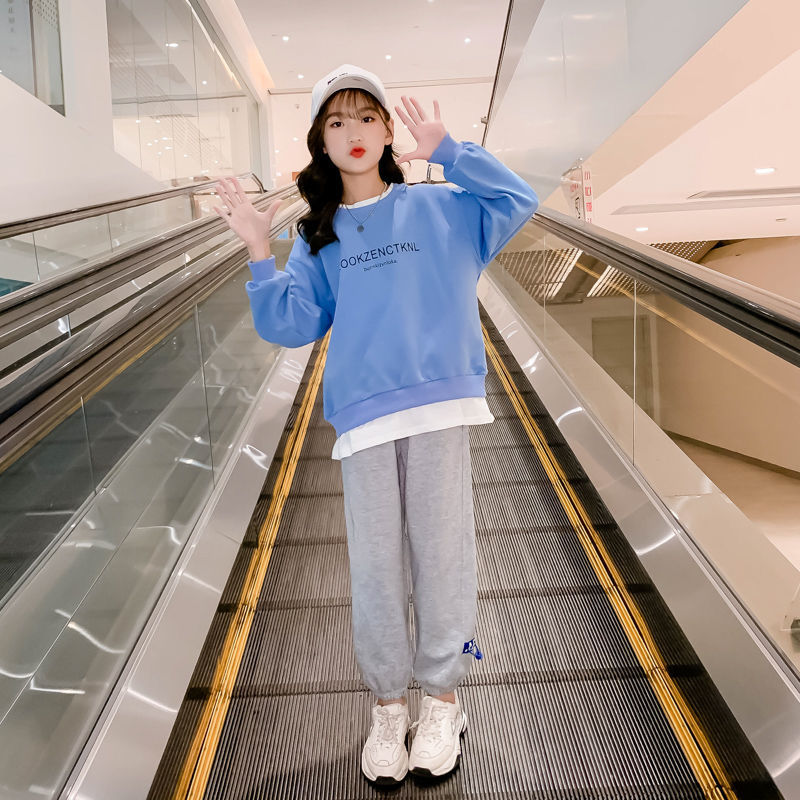 Girls' set spring and autumn 2022 new Korean version big boys' fashionable little girls' fake two-piece sweater leisure two-piece set