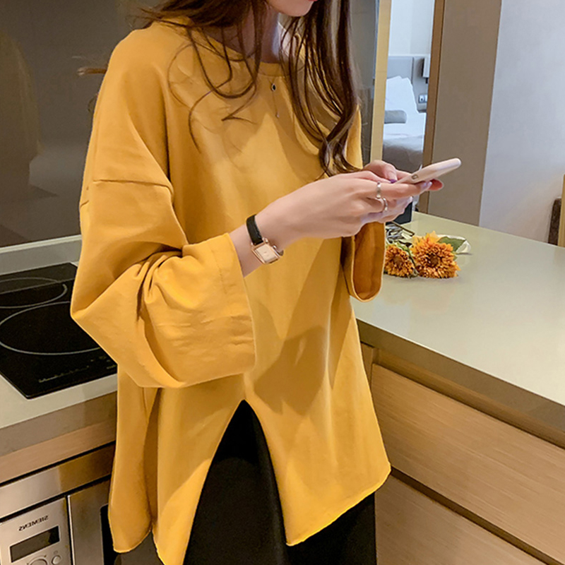 Net red split top ins trendy minority design sense loose inner bottom shirt long sleeve T-shirt women's autumn dress