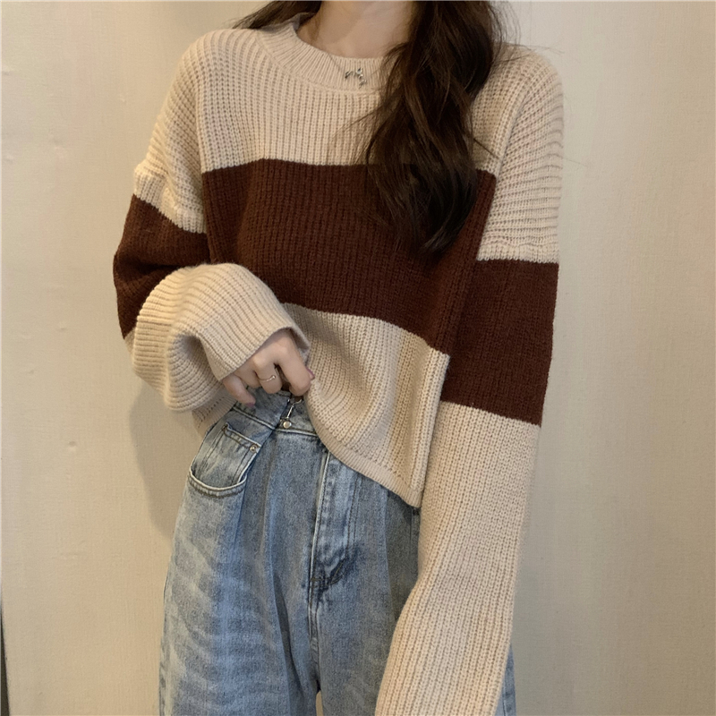 Striped short sweater women's new style sweater long sleeve loose outer wear lazy Pullover Top thin