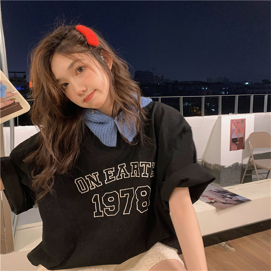 6535 Pullover cotton summer new letter T-shirt women's loose short sleeve spring Korean versatile medium and long casual top