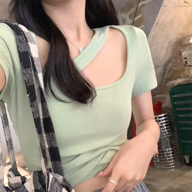 Zhang Beibei ibell irregular hanging collar knitted short sleeve women's cool thin slim blouse