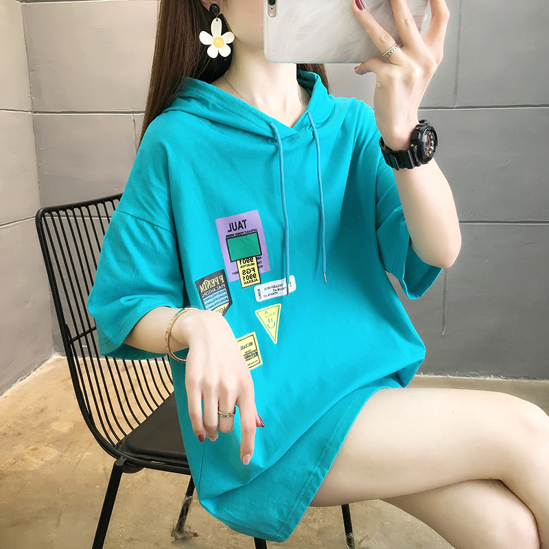 254# [real shot] cotton short sleeve t-shirt female large student embroidered 200kg hooded top BF