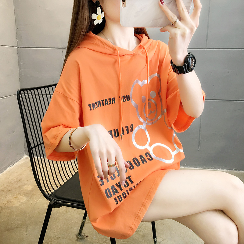 257 # [real shot] Cotton Hooded short sleeved T-shirt women's printed letter BF large women's 200 kg