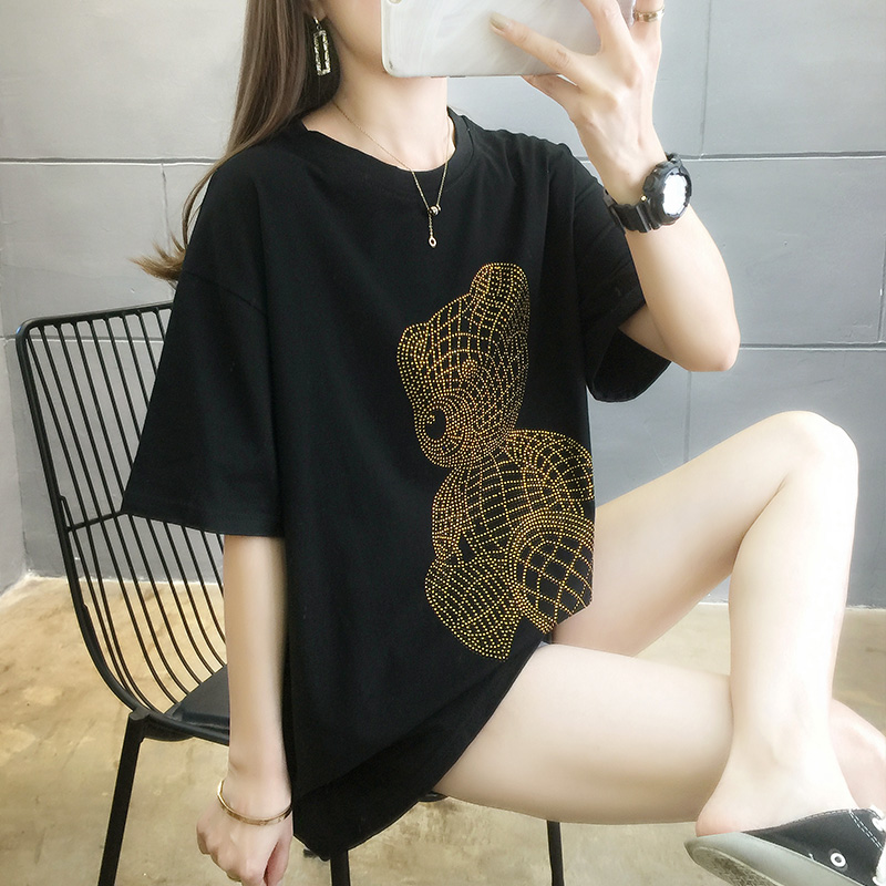 993# [real shot] cotton large women's wear hot drill short sleeve t-shirt female student 200kg half sleeve top