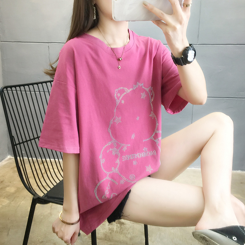 994# [real shot] cotton large size women's wear hot drill fat mm200kg short sleeve T-shirt women's belly covering top