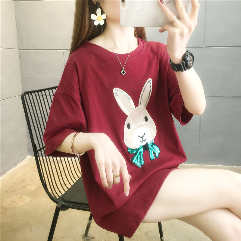 250# [actual shot] large women's heavy industry embroidery Sequin short sleeve t-shirt female student 200kg