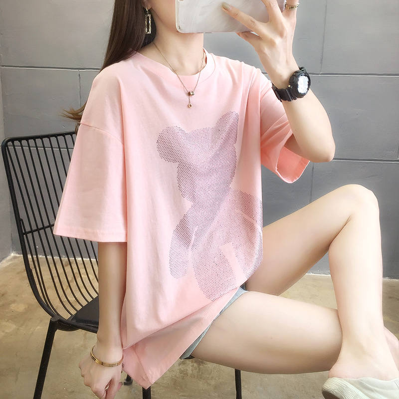995# [real shot] cotton heavy industry hot drill bear tide ins large 200kg loose short sleeve t-shirt female