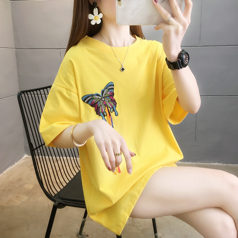 252# [actual shot] 2022 summer pure cotton heavy industry embroidery butterfly short sleeve T-shirt women's large women's wear