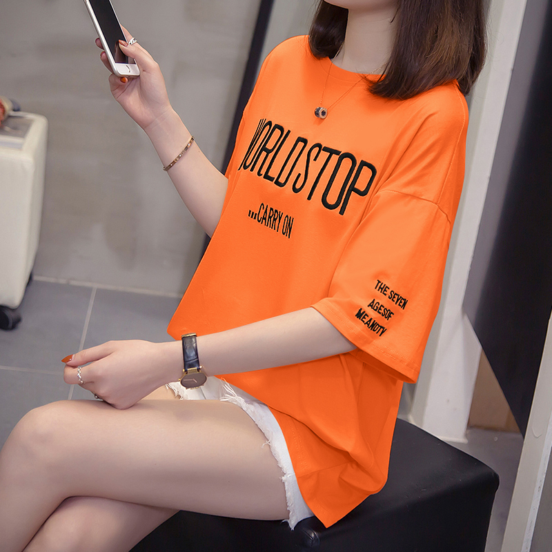 (real shot 100% cotton) large fat mm embroidered letters cotton short sleeve t-shirt female student 200kg