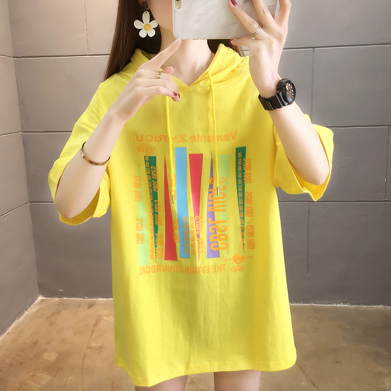 255# [real shot] cotton short sleeved T-shirt women's large hooded 200kg belly covering top