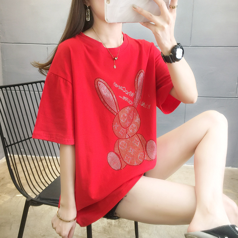 999# [real shot] cotton heavy industry hot drill short sleeve t-shirt female student 200kg half sleeve top