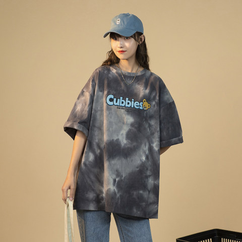 Korean tie dyed Hong Kong style short sleeved t-shirt female loose student top medium length
