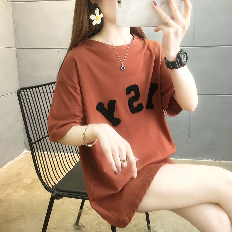 249# [real shot] cotton large women's towel embroidered short sleeved T-shirt women's 200kg half sleeved top