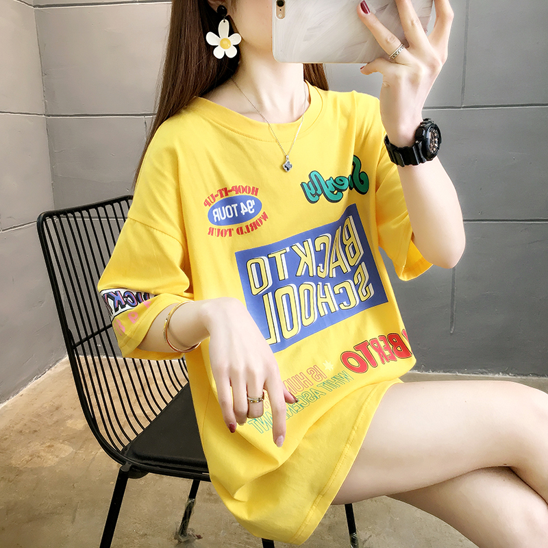 (real shot 100% cotton) 2022 summer new printed letter T-shirt women's short sleeve large women's wear