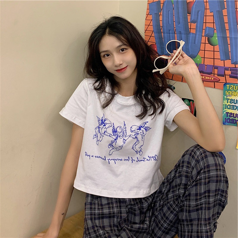 Summer Korean version of new slim fit and thin short navel exposed age reduction backing retro printed short sleeved T-shirt for women