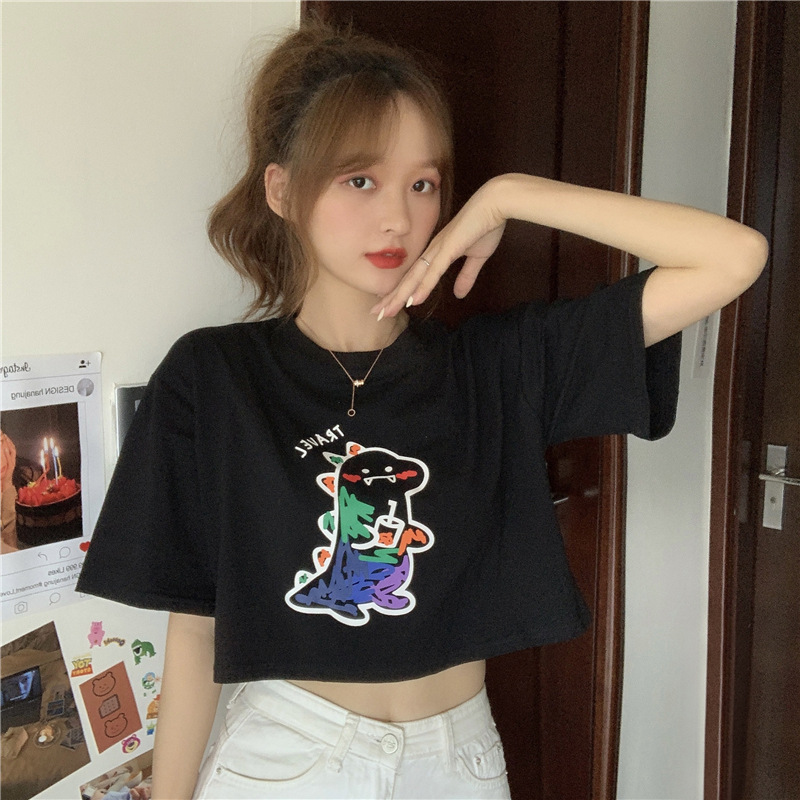 Summer Korean version new loose short navel exposed age reducing cartoon graffiti printing Student Short Sleeve T-Shirt Top Women's wear