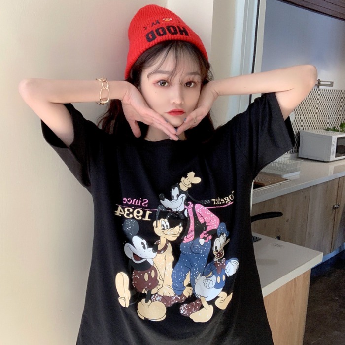 6535 Pullover Cotton Short Sleeve T-Shirt New Summer School cartoon print Mickey Mouse medium length loose