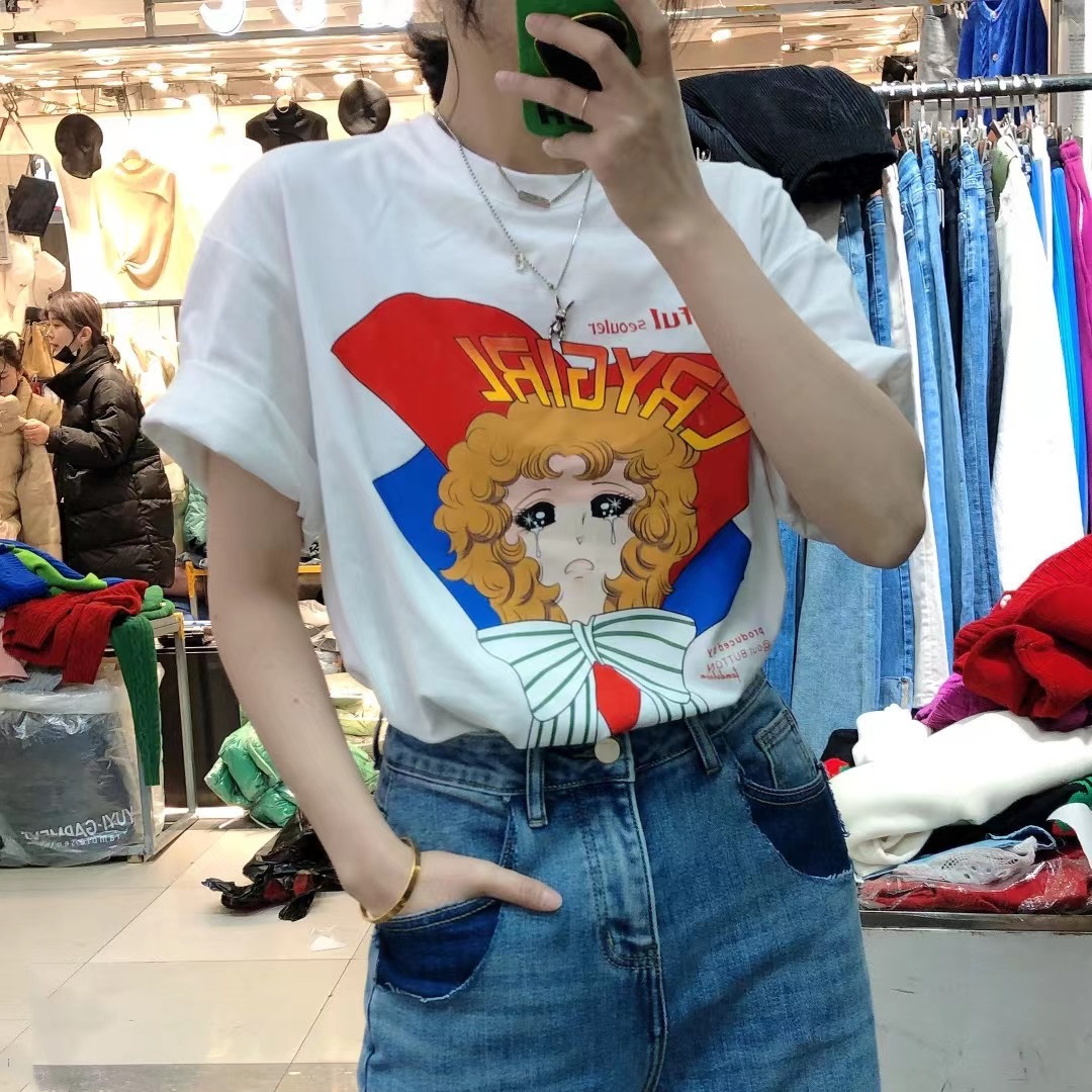 2022 white short sleeved T-shirt women's Japanese animation two-dimensional spoof crying beautiful girl loose design