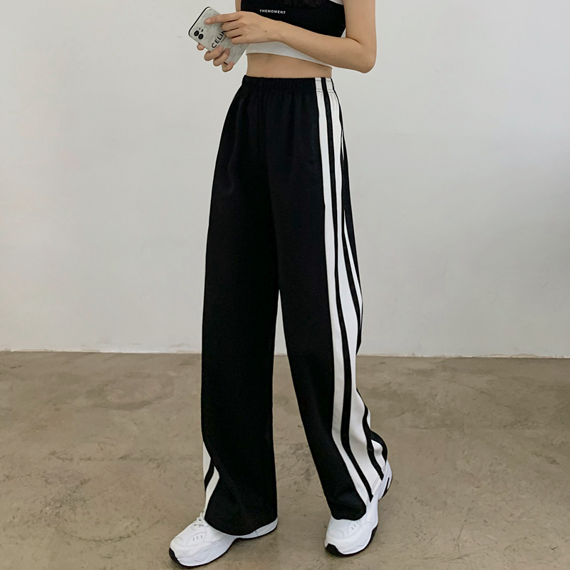 Spring versatile sweatpants with vertical stitching, loose floor and wide leg casual pants for men and women