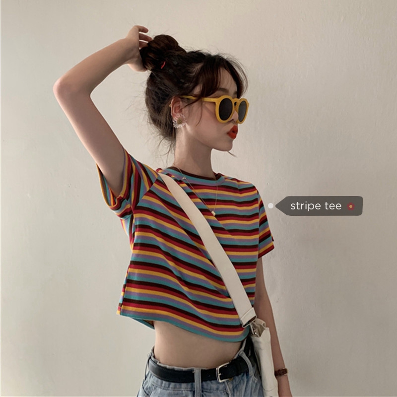 200g milk silk Rainbow Stripe T-shirt women's fashion 2021 new summer short