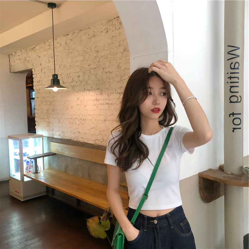 Short sleeved women's T-shirt new net red exposed navel ins super fire high waist top short summer trend