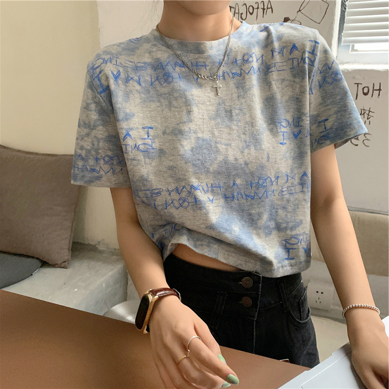 Summer new design sense of minority top letter tie dyed short sleeved T-shirt women's fashion