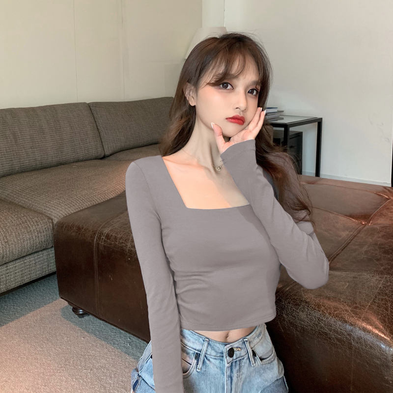 Square neck top women's autumn collarbone Spice Girls short style with bottom shirt, high waist and navel exposed long sleeve T-shirt