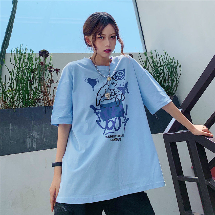 Lazy style printed short sleeve T-shirt women's summer new Korean student Harajuku style top fashion