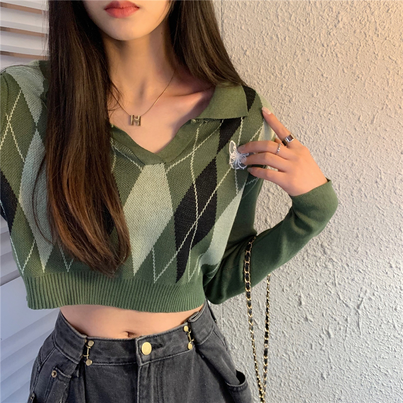 Rhombic contrast polo collar long sleeve sweater women's lazy style slim fit versatile blouse