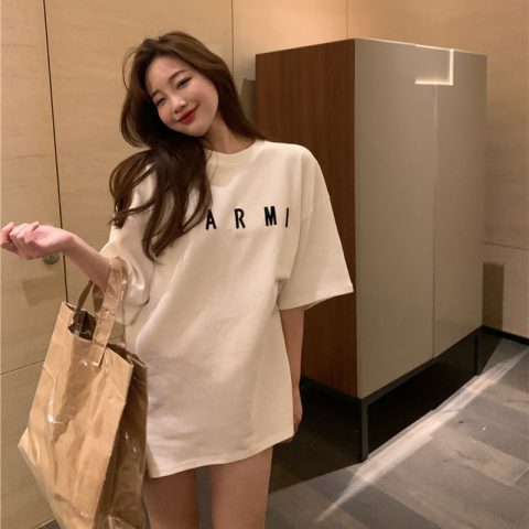 Half sleeve T-shirt women's wear ins trendy white loose Korean version medium and long round neck short sleeve top new in spring 2022