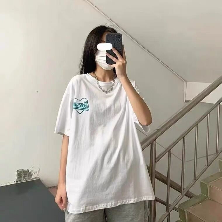 [Pullover cotton] summer short sleeve T-shirt women's loose and versatile printing medium and long double-sided printing half sleeve top