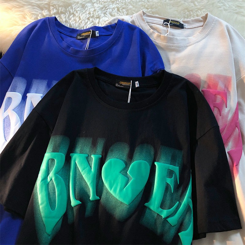 Design sense minority foam letter printing short sleeve T-shirt women's summer loose trend ins hip hop half sleeve couple top