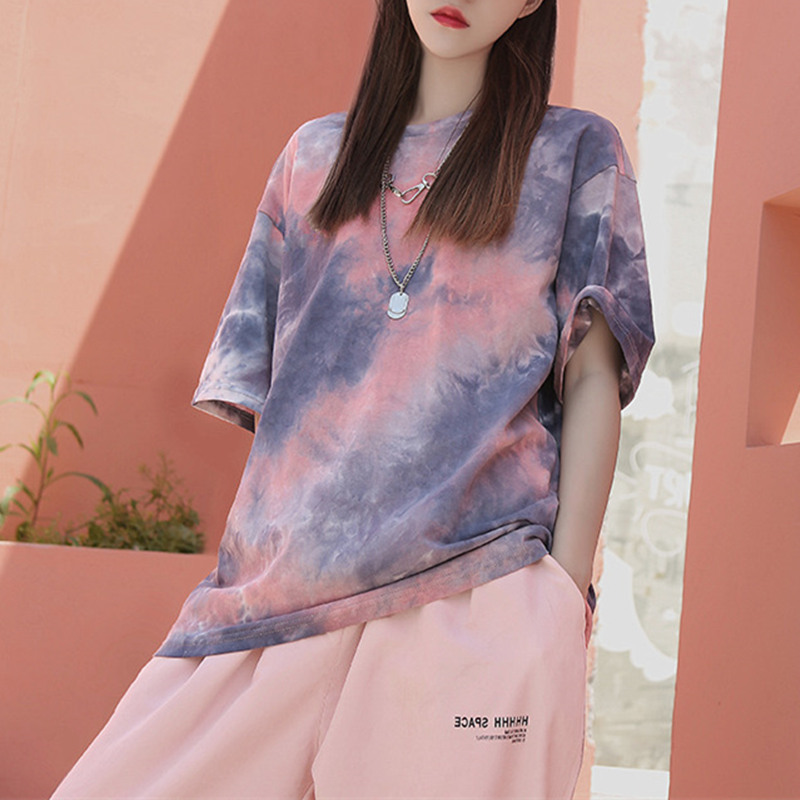 Net red ins style super fire short sleeved T-shirt women's spring and summer fashion couple's large loose tie dye top