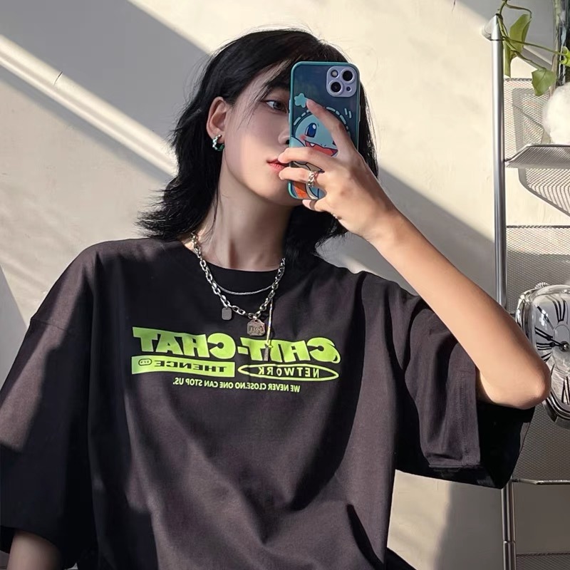 Grey letter short sleeve T-shirt women's new summer Korean loose oversize Japanese BF lazy style top fashion