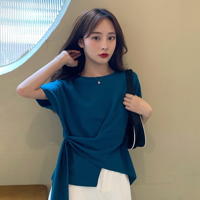 6535 pull frame cotton short sleeve T-shirt women's solid color irregular