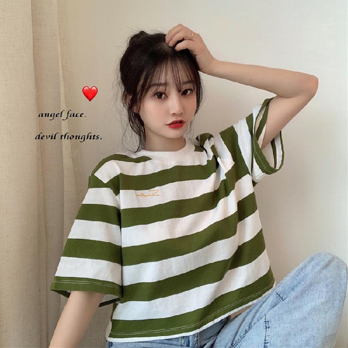 Cotton new loose short stripe embroidery small man versatile Short Sleeve T-Shirt Top schoolgirl