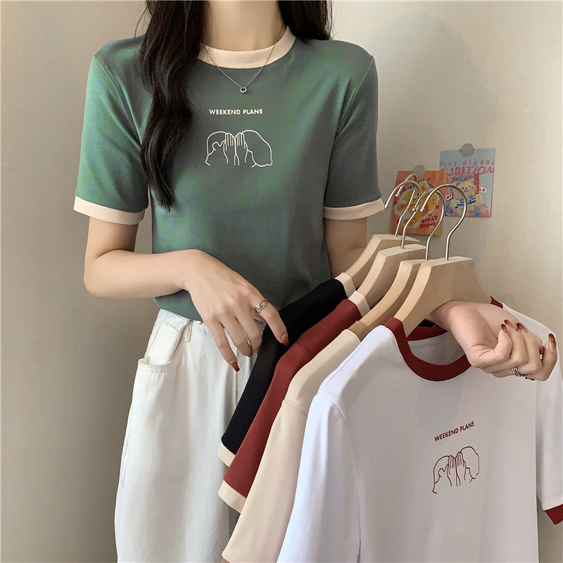 Hong Kong style retro short sleeved T-shirt women's summer slim Korean students' versatile half sleeved Japanese Korean chic top