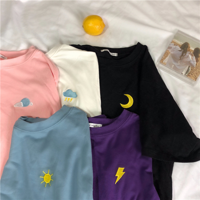 [official picture] embroidered weather pattern college style loose cartoon short sleeved bottomed shirt T-shirt new top