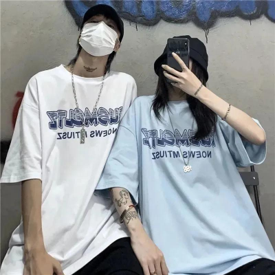 Official picture South Korea ins summer high street harbor style blue letter printing loose couple short sleeve t-shirt men and women